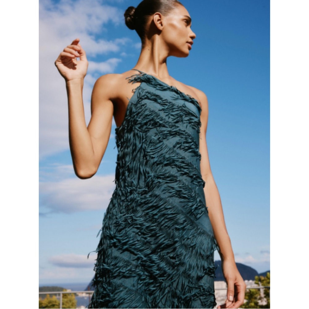 Zara asymmetric teal fringe dress size XS